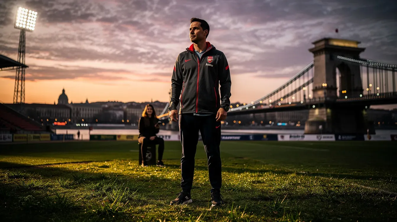 Mikel Arteta stands by a football pitch in Budapest, with the Chain Bridge in the background during sunset.