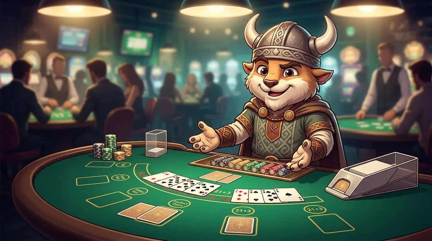An animated mascot stands beside a blackjack table, showcasing cards and chips without any text or logos.