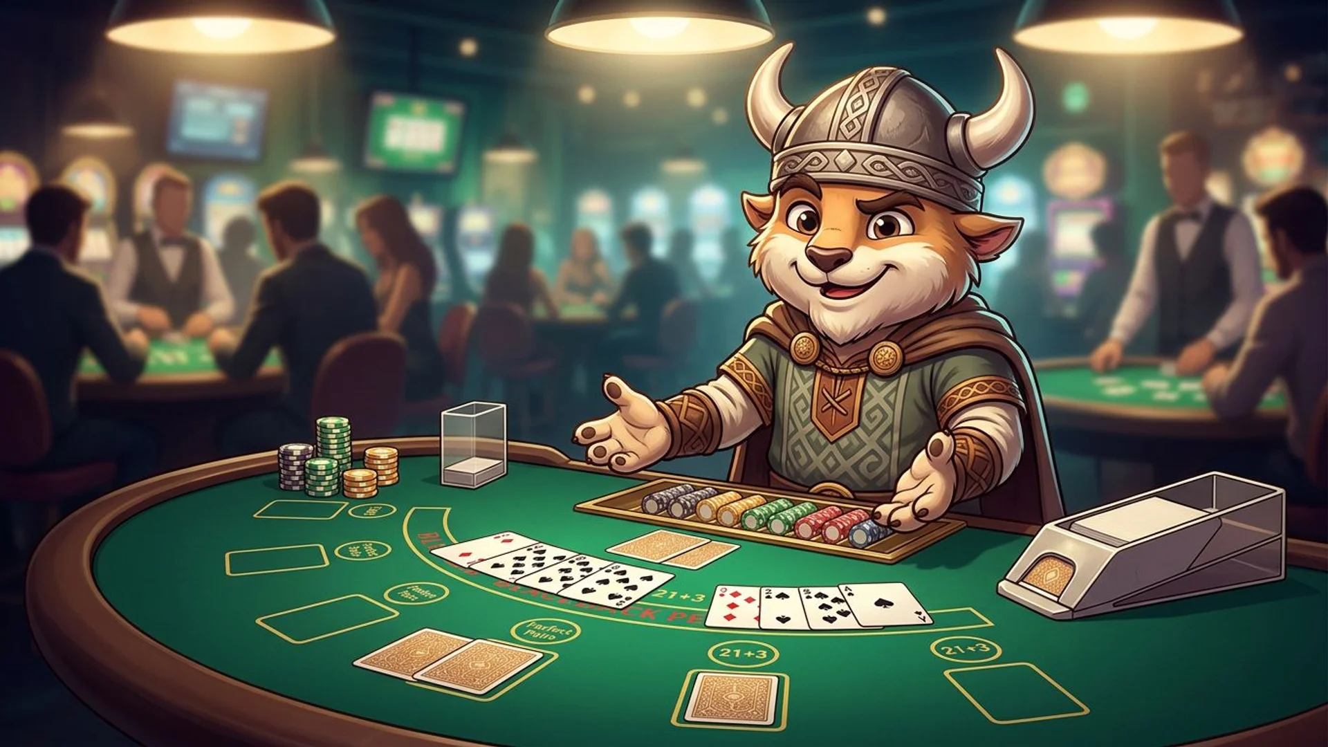 An animated mascot stands beside a blackjack table, showcasing cards and chips without any text or logos.