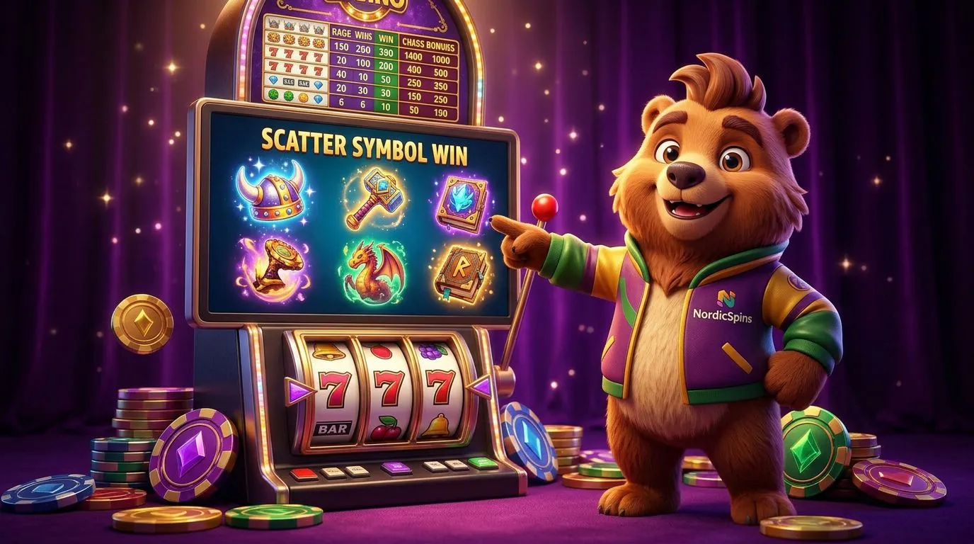 A NordicSpins mascot celebrating near a vibrant casino slot machine showcasing scatter symbols.
