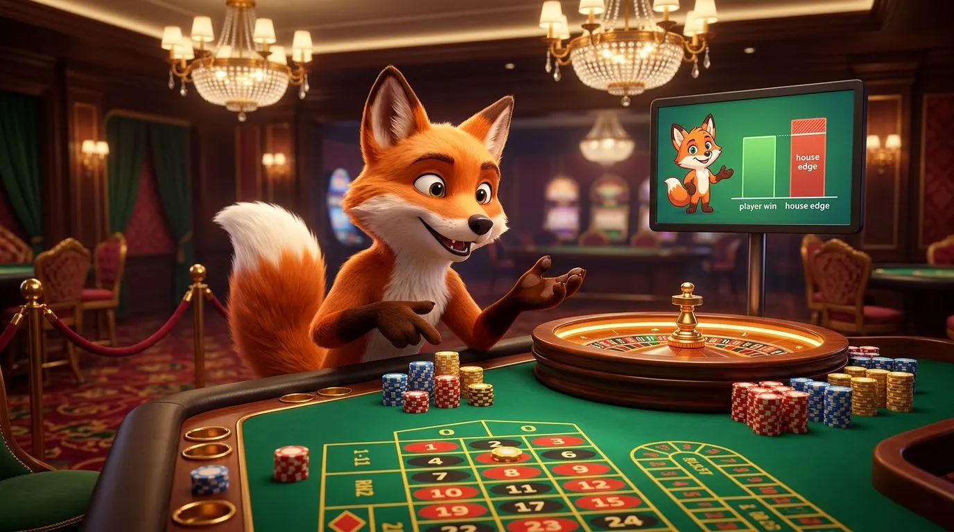 A fox mascot engaging with a roulette table in a vibrant casino.