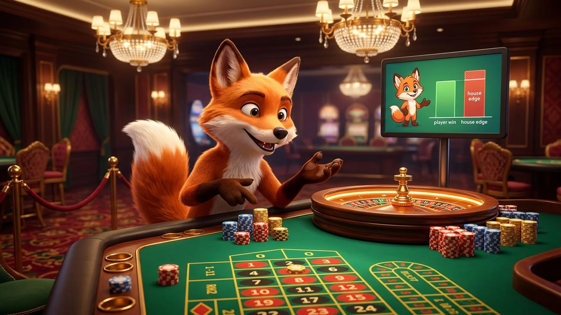 A fox mascot engaging with a roulette table in a vibrant casino.