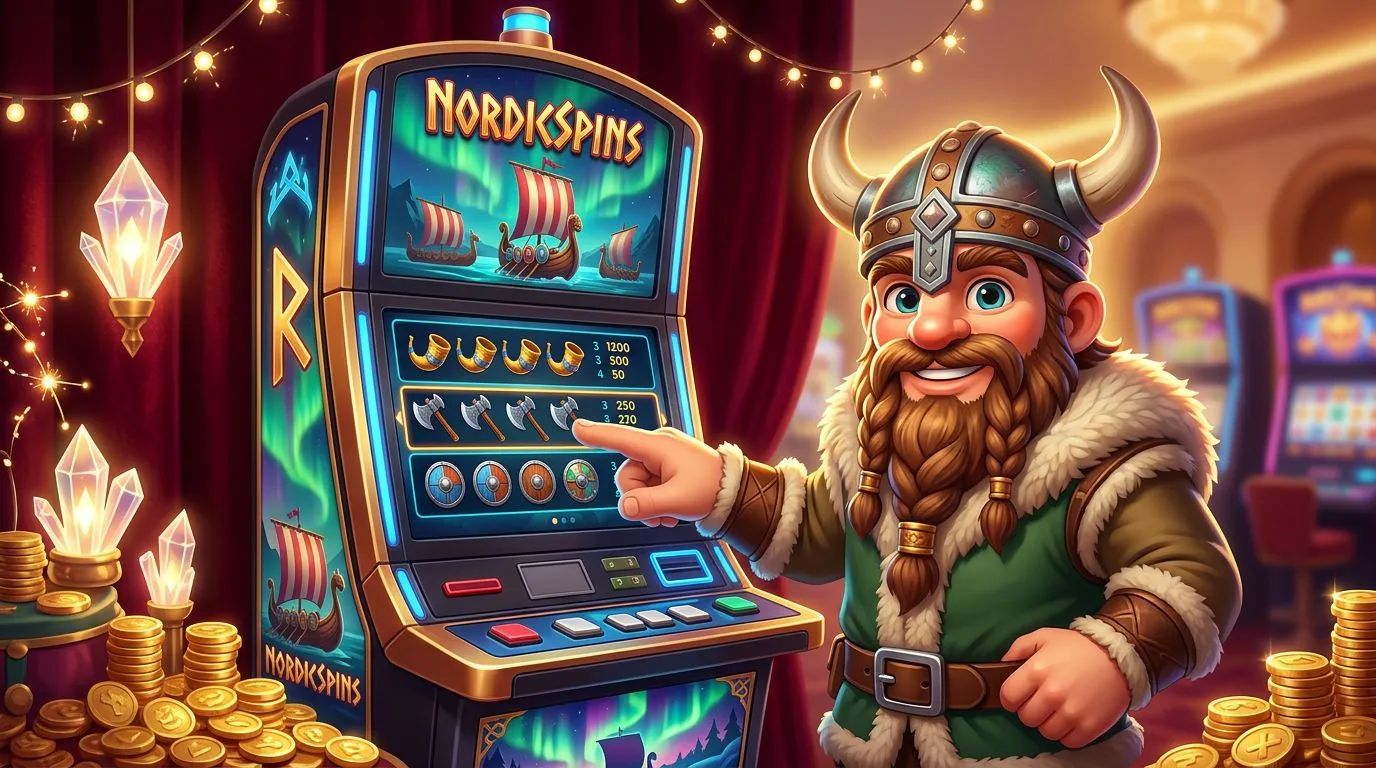 A NordicSpins mascot interacting with a slot machine in a vibrant casino environment.