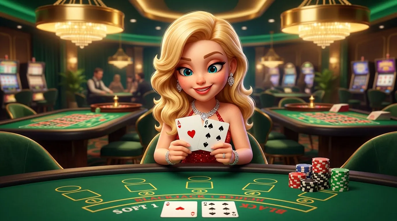 A NordicSpins mascot at a blackjack table holding cards, with a warm and inviting casino atmosphere.