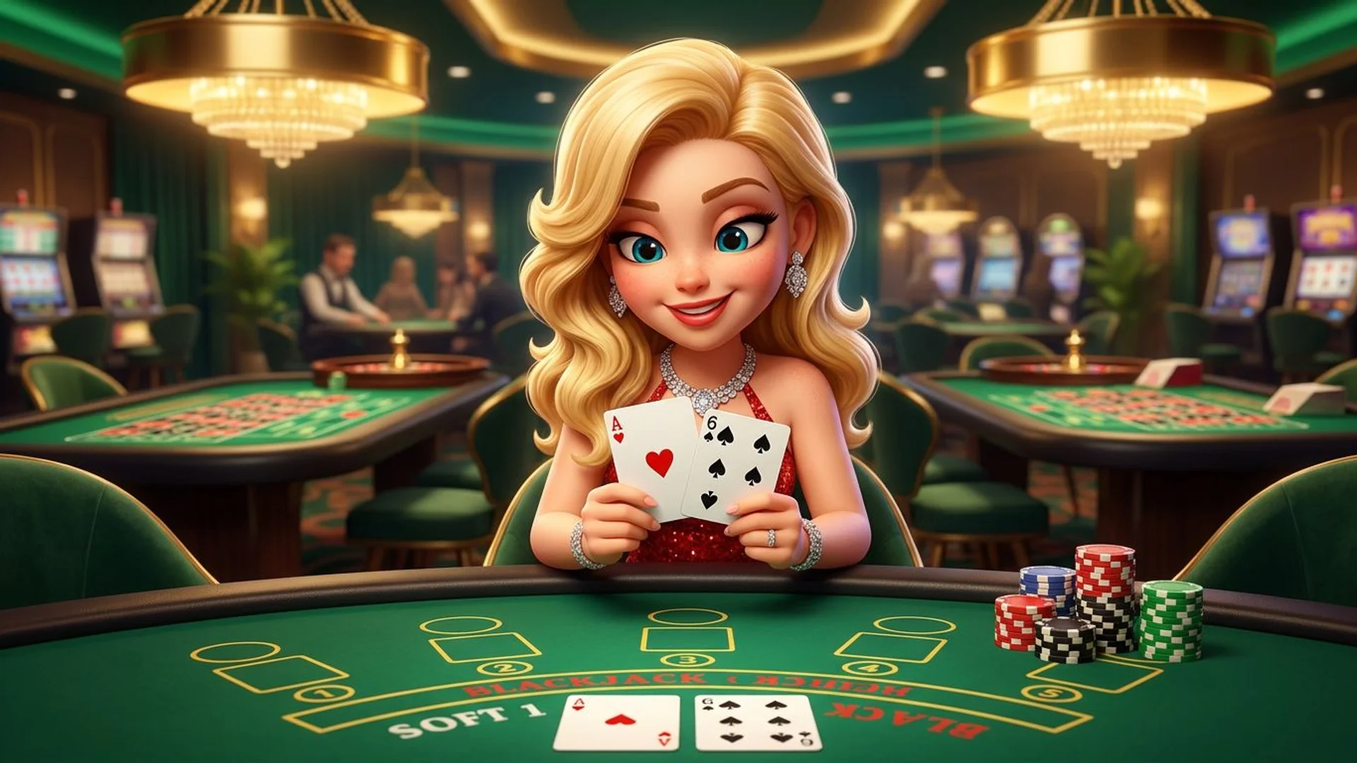 A NordicSpins mascot at a blackjack table holding cards, with a warm and inviting casino atmosphere.