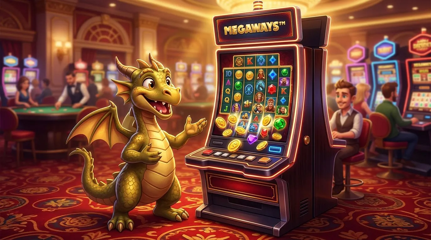 A cheerful dragon mascot stands beside a Megaways slot machine in a vibrant casino setting.