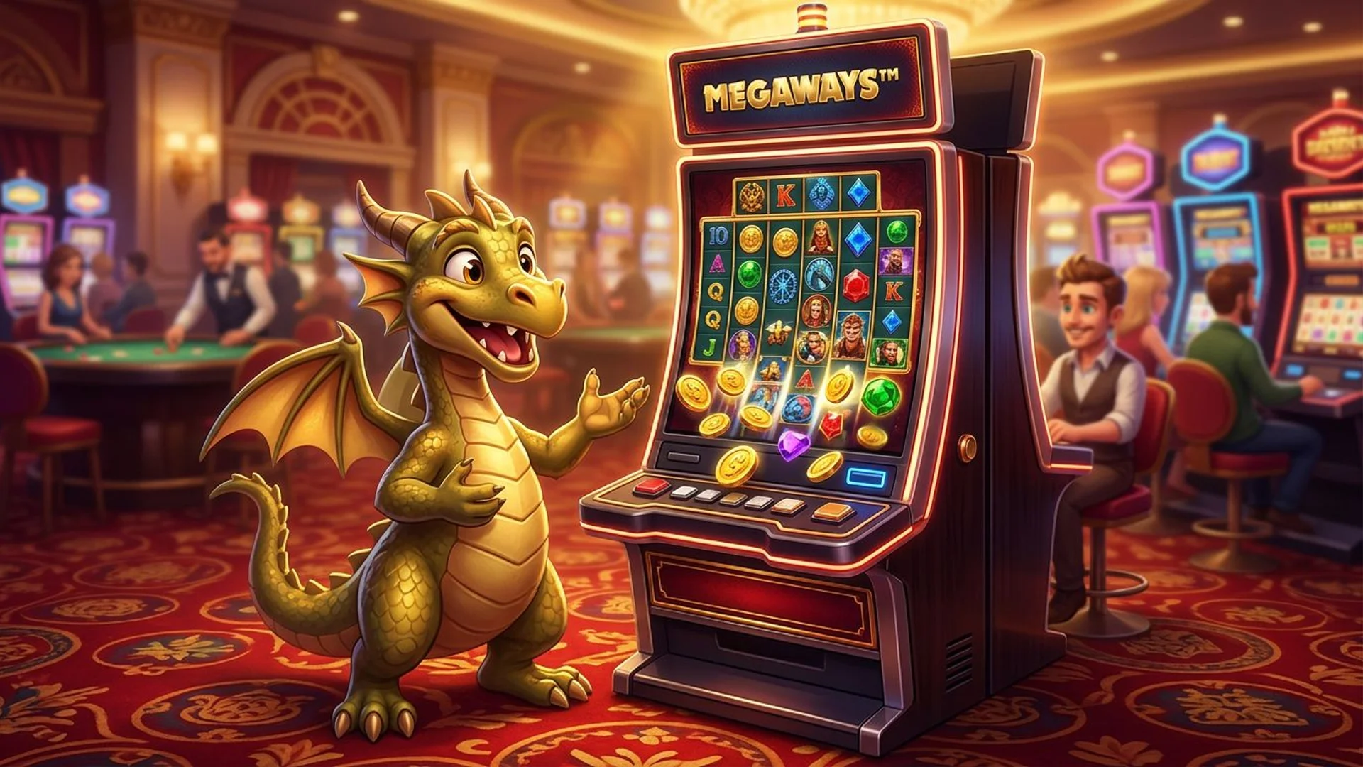 A cheerful dragon mascot stands beside a Megaways slot machine in a vibrant casino setting.