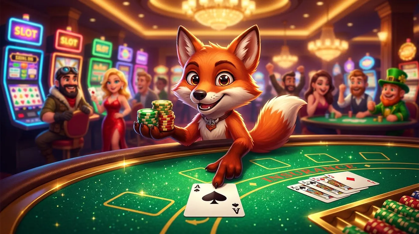 A cheerful fox mascot stands by a Blackjack table, pointing at an Ace card.