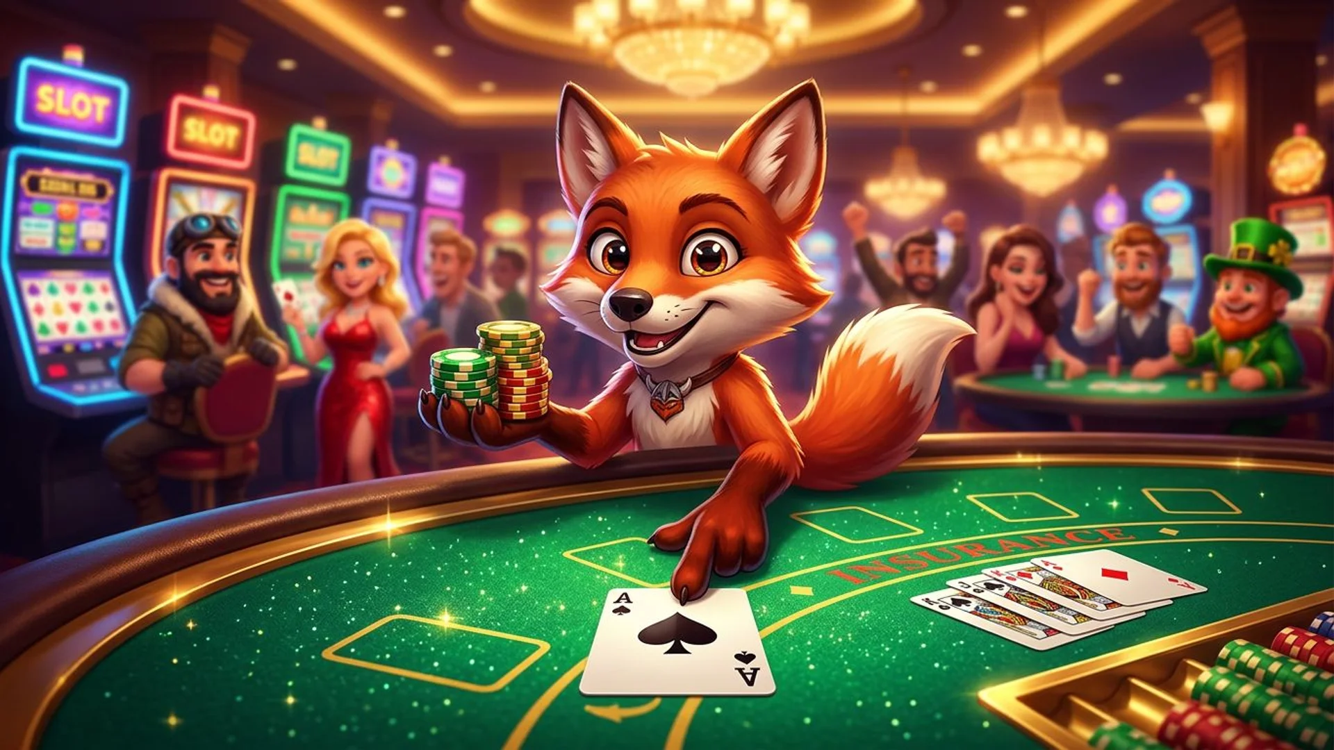 A cheerful fox mascot stands by a Blackjack table, pointing at an Ace card.