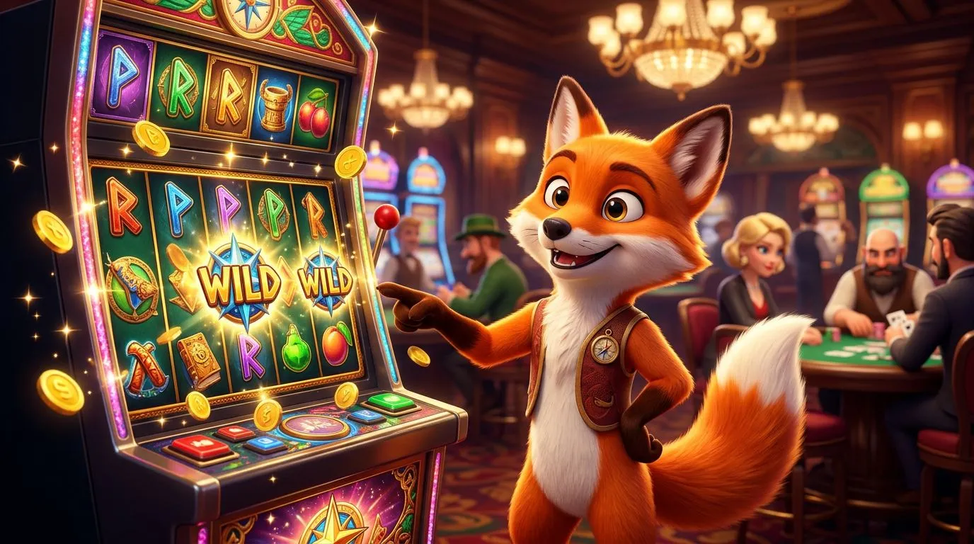 A cheerful fox mascot stands at a slot machine in a lively casino, pointing to the wild symbols on the screen.