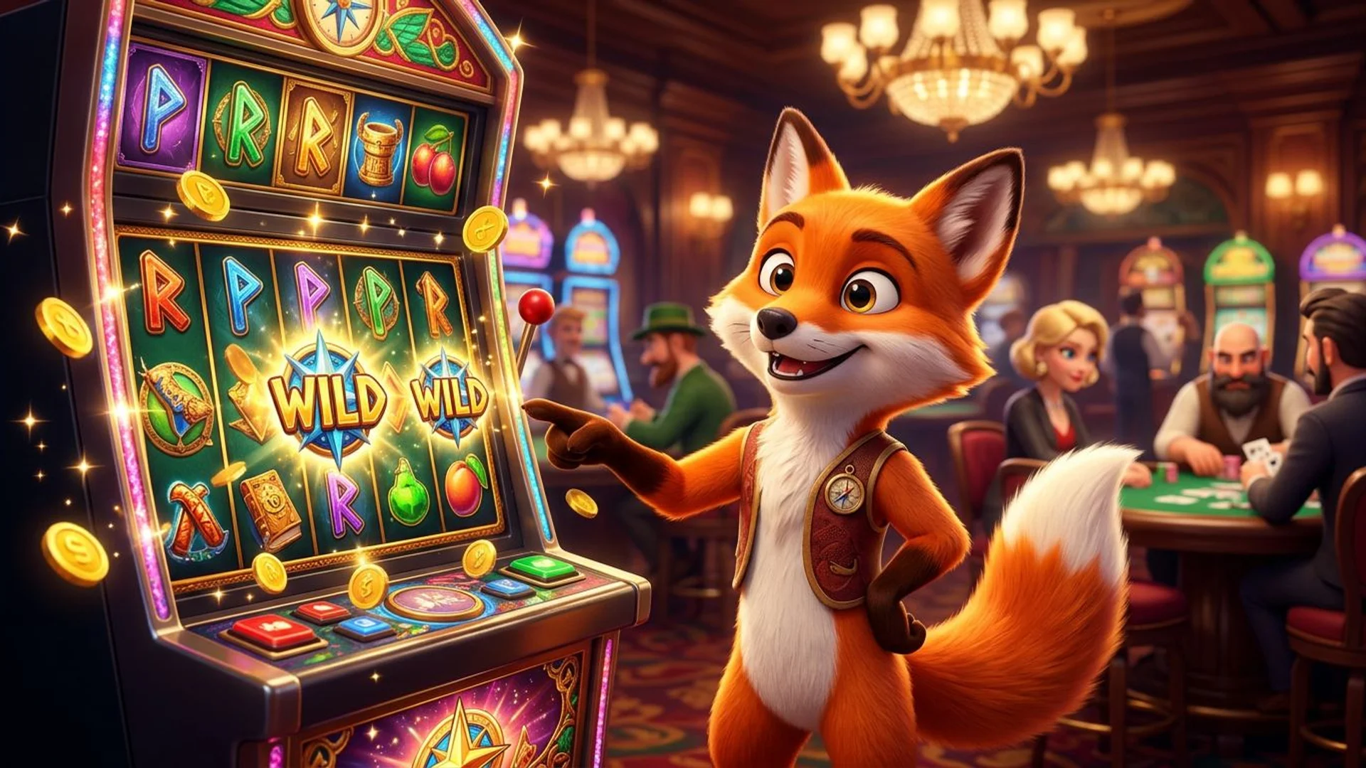 A cheerful fox mascot stands at a slot machine in a lively casino, pointing to the wild symbols on the screen.