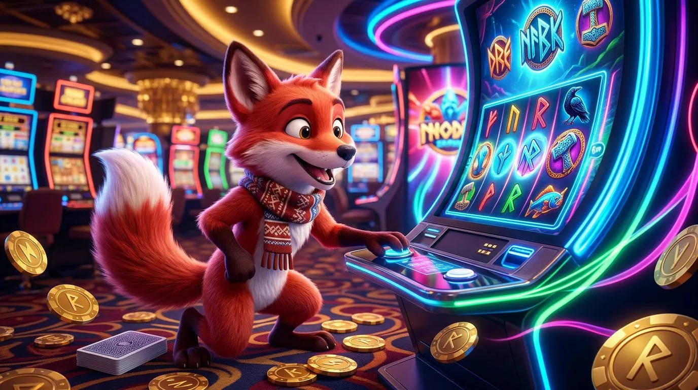 A cheerful cartoon fox mascot interacting with a glowing slot machine in a colorful digital casino setting.