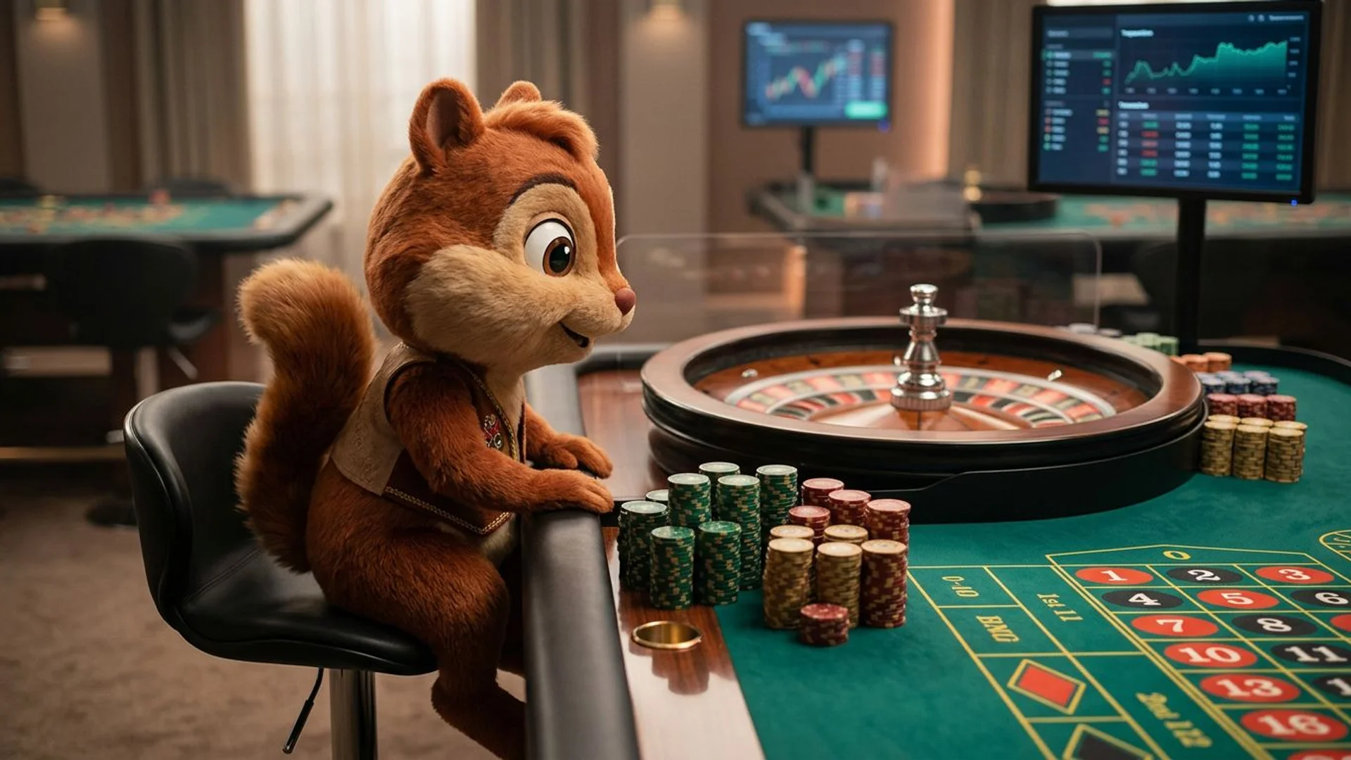 A cheerful chipmunk mascot at a roulette table, examining colorful chips.