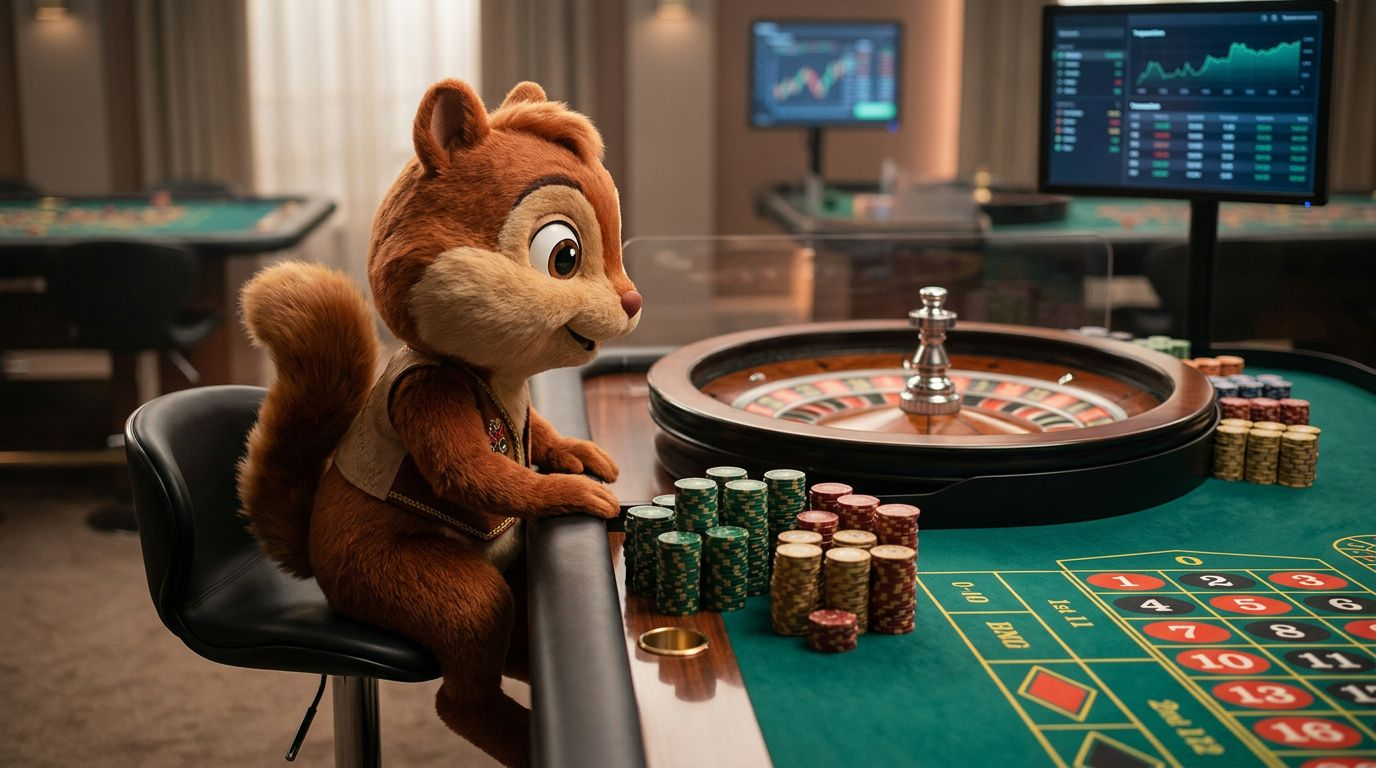 A cheerful chipmunk mascot at a roulette table, examining colorful chips.