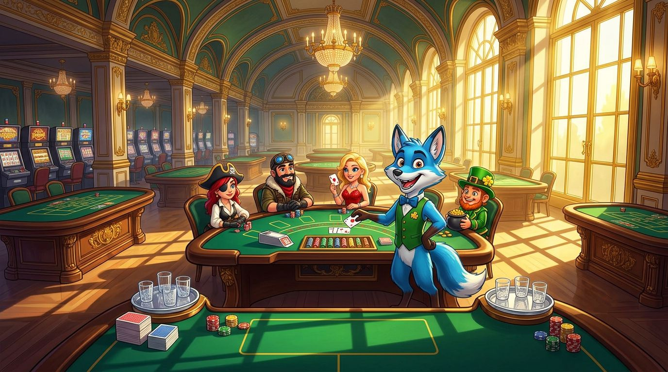 A NordicSpins mascot, a blue fox in a green vest, interacting with a casino table under bright sunlight.