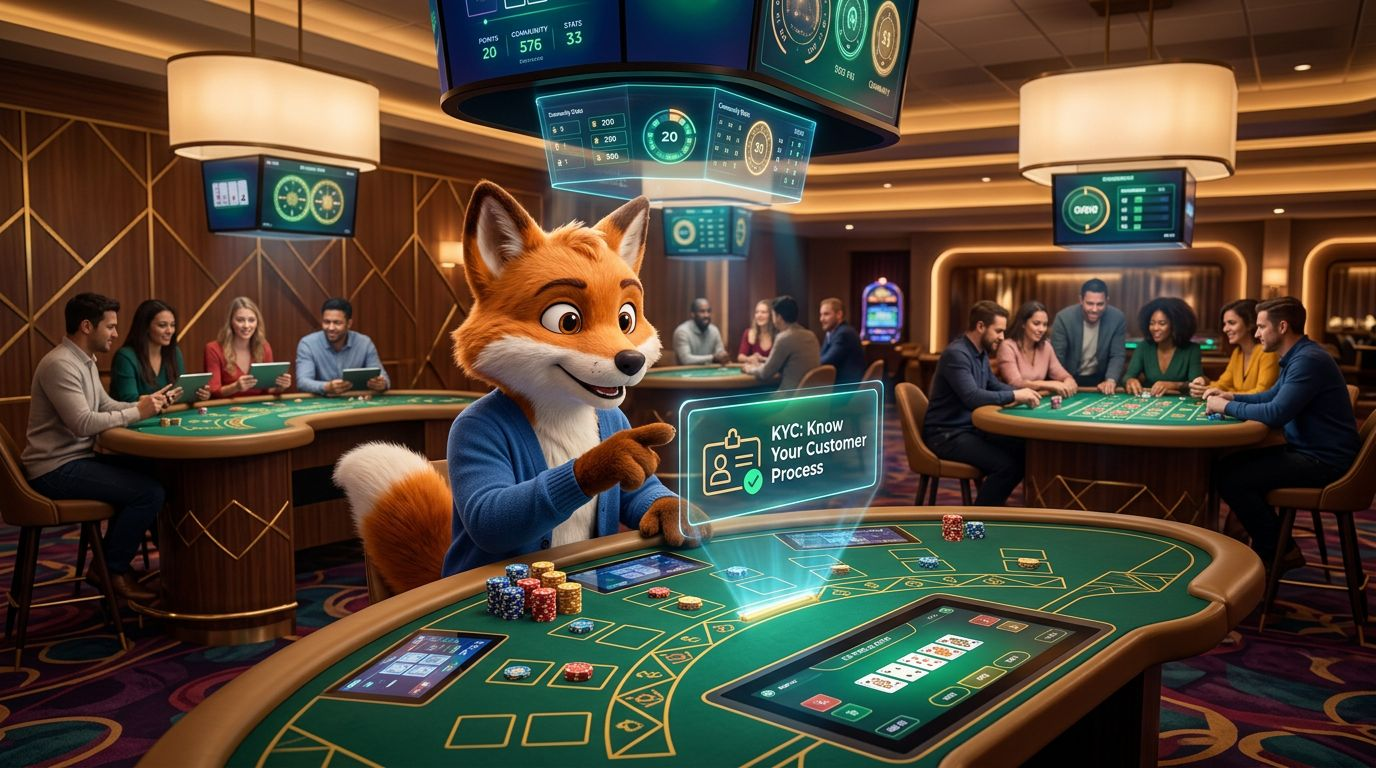 A playful fox mascot sits at a casino table surrounded by vibrant gaming elements.