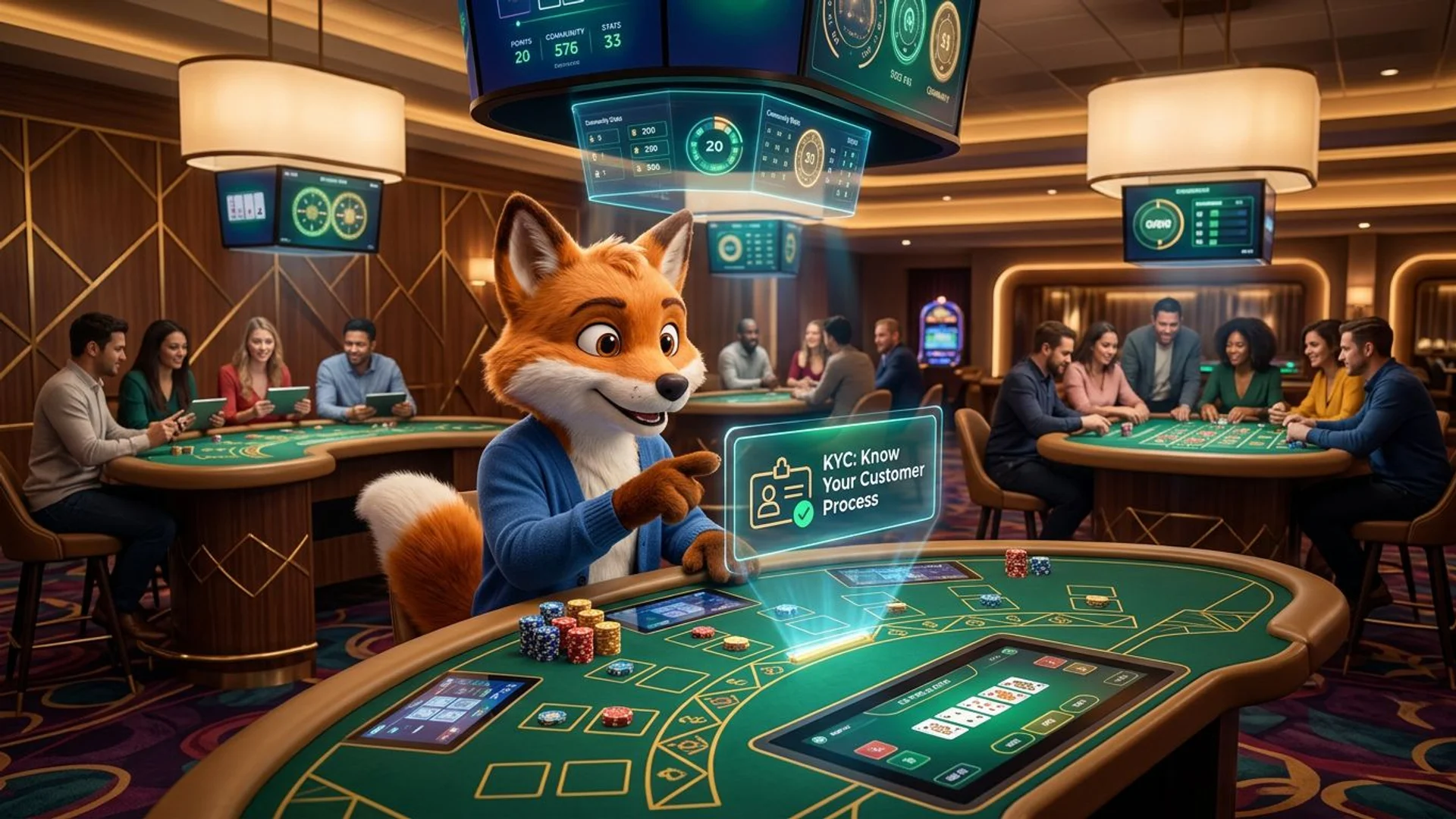 A playful fox mascot sits at a casino table surrounded by vibrant gaming elements.