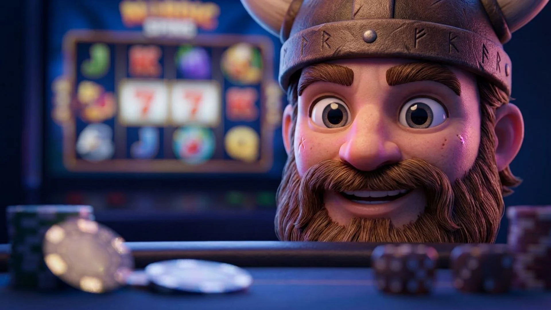 An extreme close-up of a cheerful viking mascot set against a casino table game backdrop, emphasizing the randomness of online slot games.