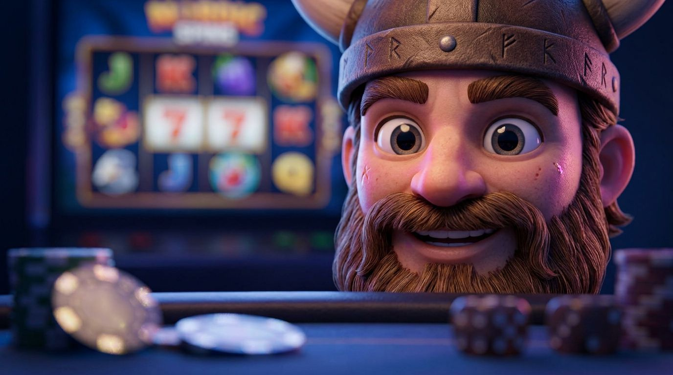 An extreme close-up of a cheerful viking mascot set against a casino table game backdrop, emphasizing the randomness of online slot games.