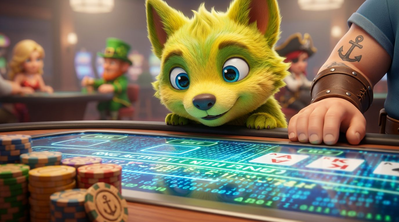 A close-up of a playful mascot from NordicSpins at a digital blackjack table, showcasing engaging textures and colors.
