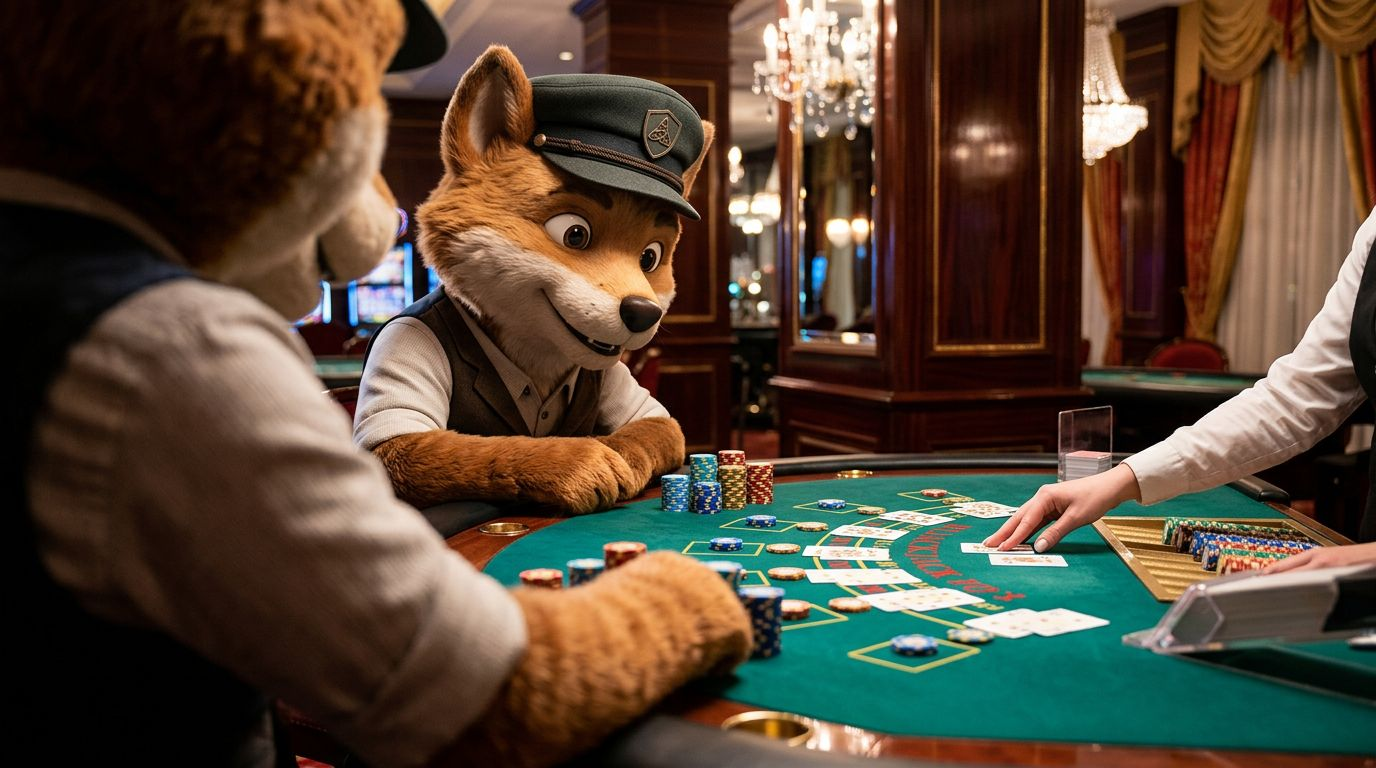 A NordicSpins mascot is seen over-the-shoulder at a blackjack table, with colorful chips and a dealer's hand slightly visible.