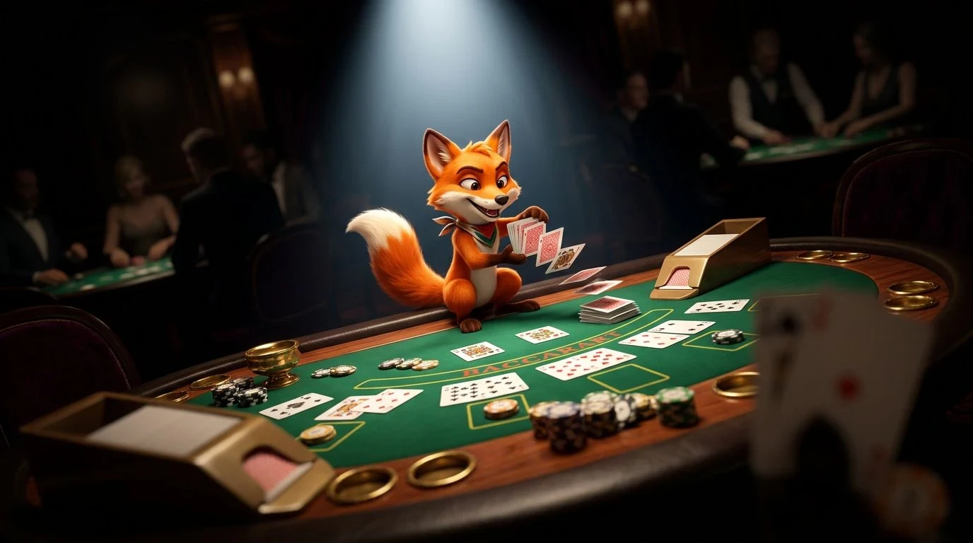 A playful fox mascot interacting with cards at a Baccarat table in a casino.