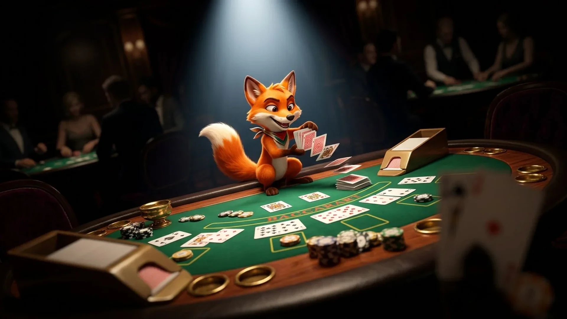 A playful fox mascot interacting with cards at a Baccarat table in a casino.