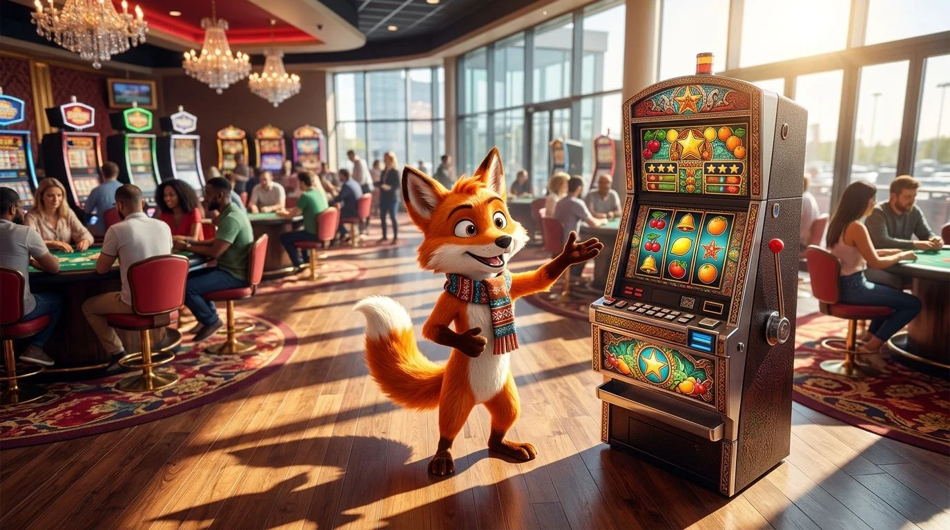 A colorful casino scene featuring a fox mascot beside a slot machine, under bright sunlight.