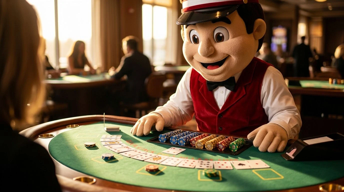 A cheerful mascot resembling a card dealer, observing a casino table with poker chips and cards, illuminated by soft golden light.