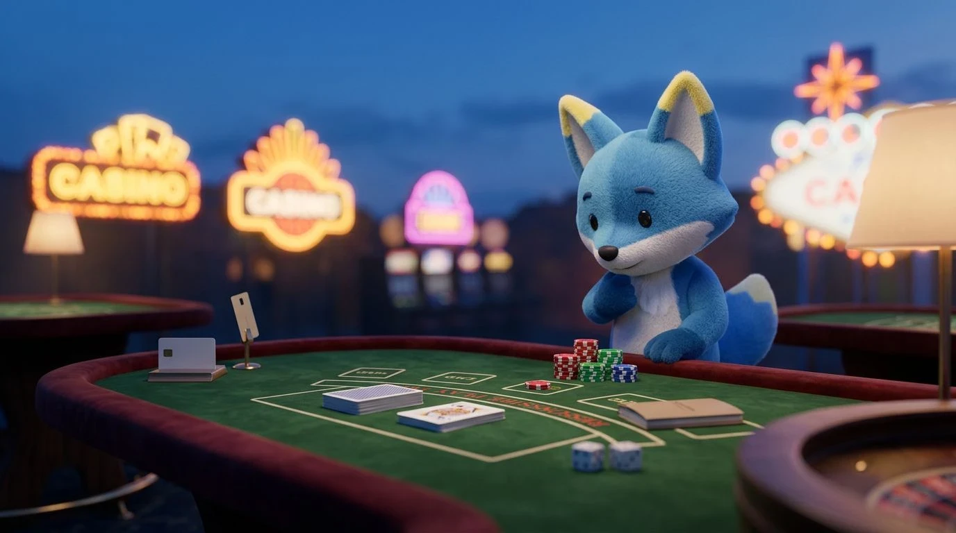 A mascot examining game chips at a casino table during dusk.