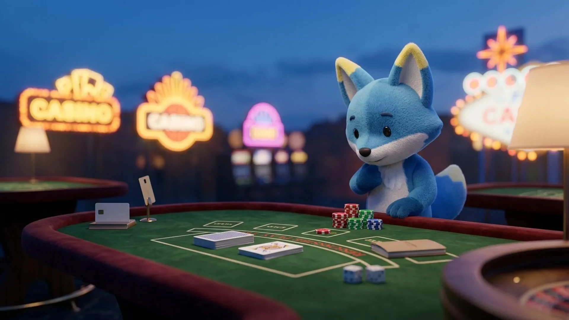 A mascot examining game chips at a casino table during dusk.