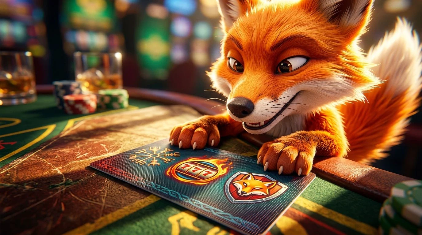 A playful fox mascot engaging with a digital card on a casino table in bright sunlight.