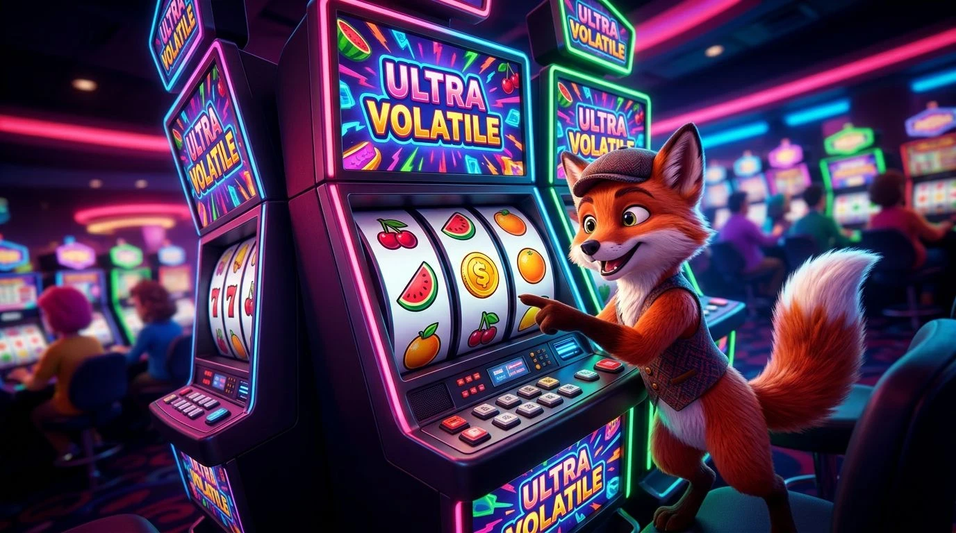 A fox mascot at a slot machine in a vibrant casino, illustrating the concept of volatility.