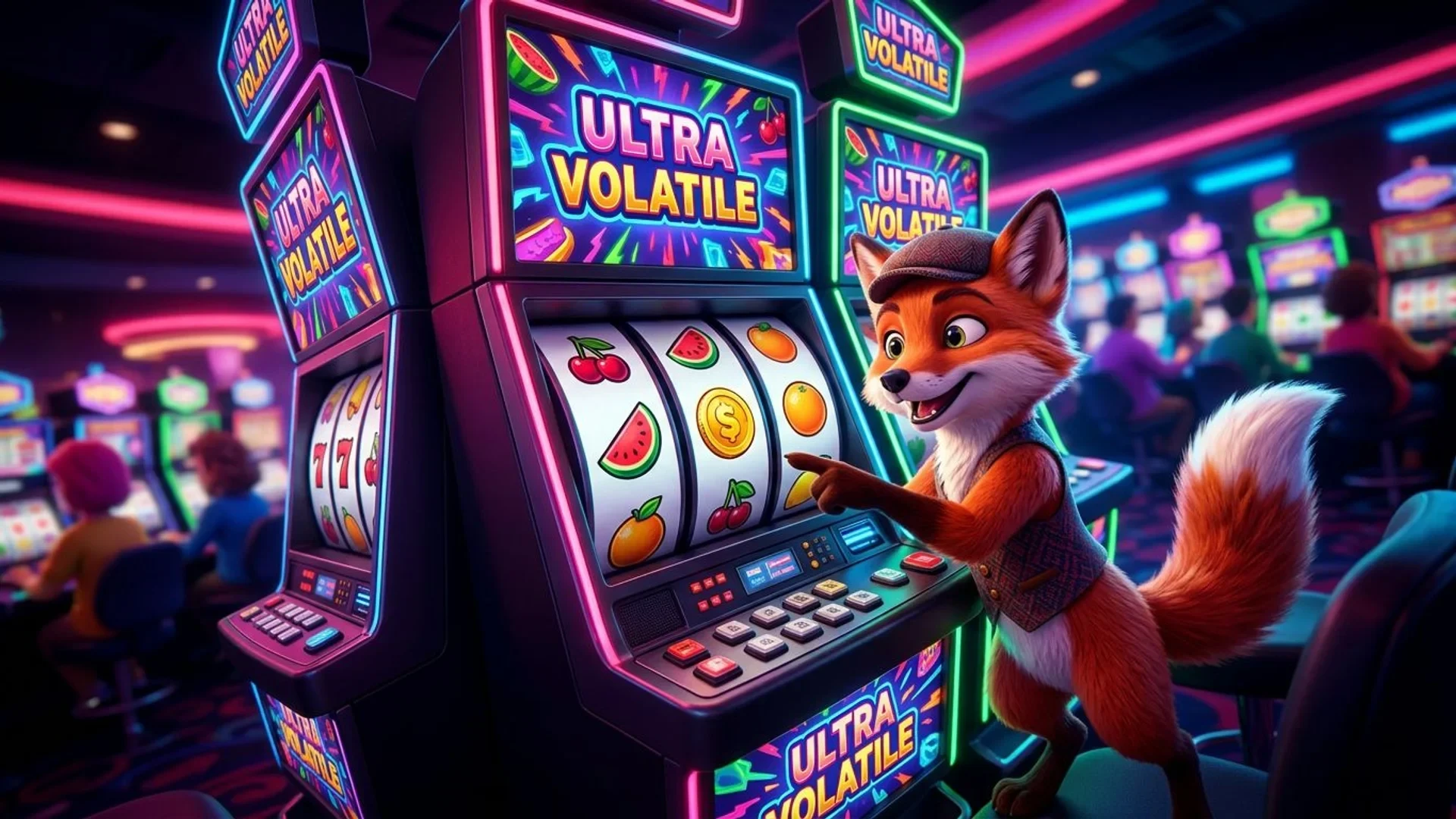 A fox mascot at a slot machine in a vibrant casino, illustrating the concept of volatility.