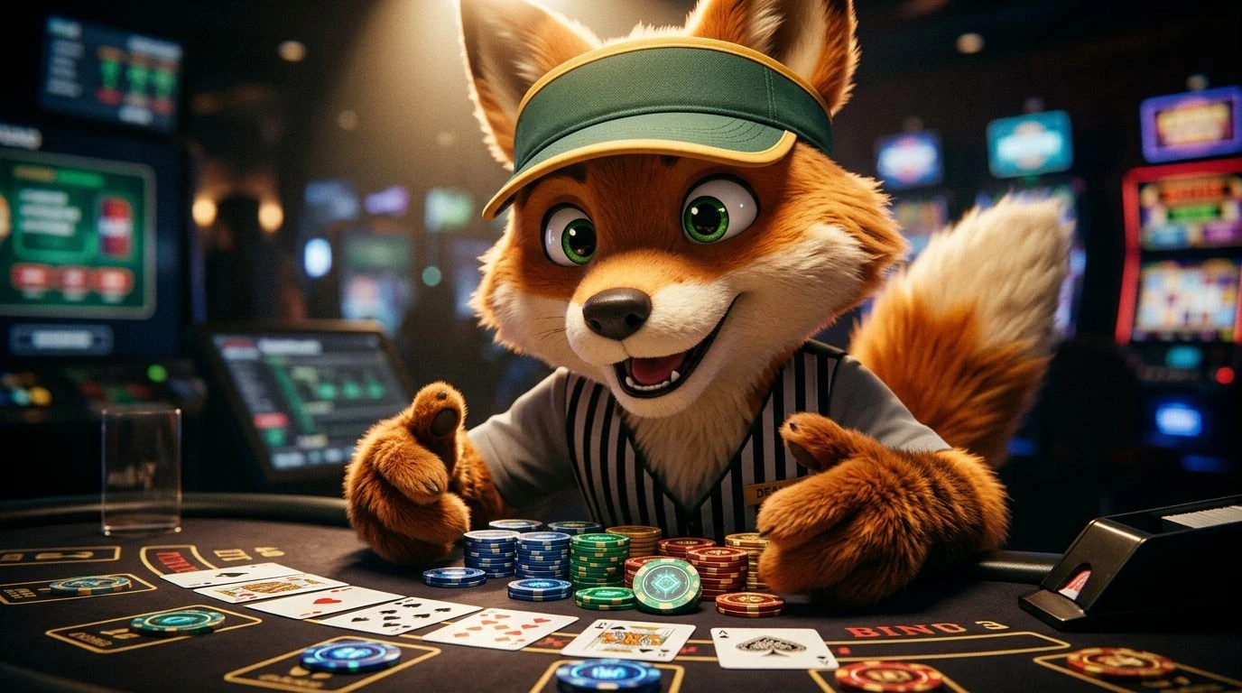 A cartoon fox mascot explaining details at a colorful casino table with chips and cards.