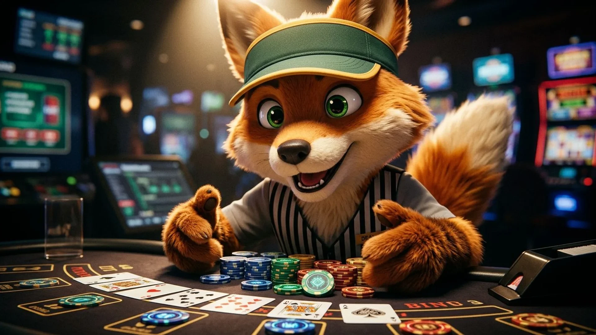 A cartoon fox mascot explaining details at a colorful casino table with chips and cards.