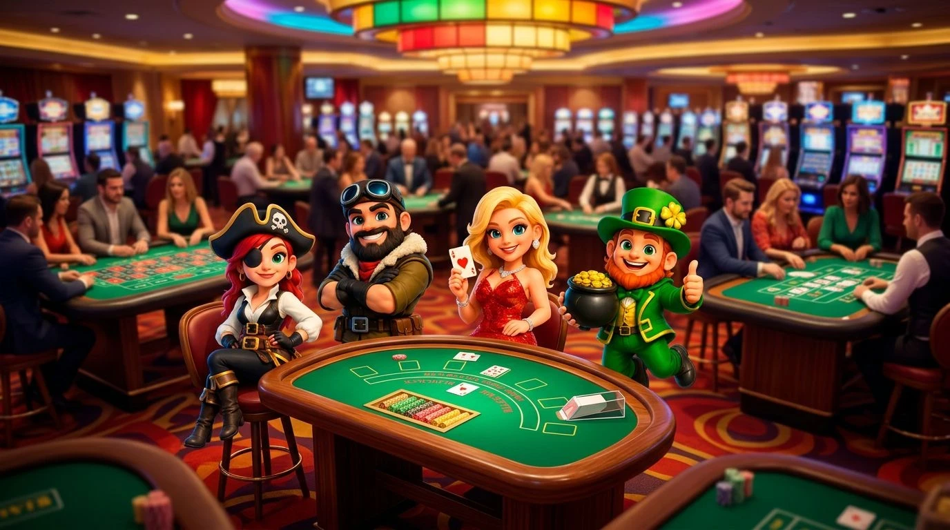 A vibrant casino scene featuring NordicSpins mascots interacting at a blackjack table, surrounded by a lively atmosphere.