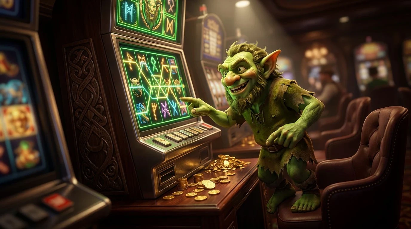A green troll-like mascot interacts with a slot machine in a casino.