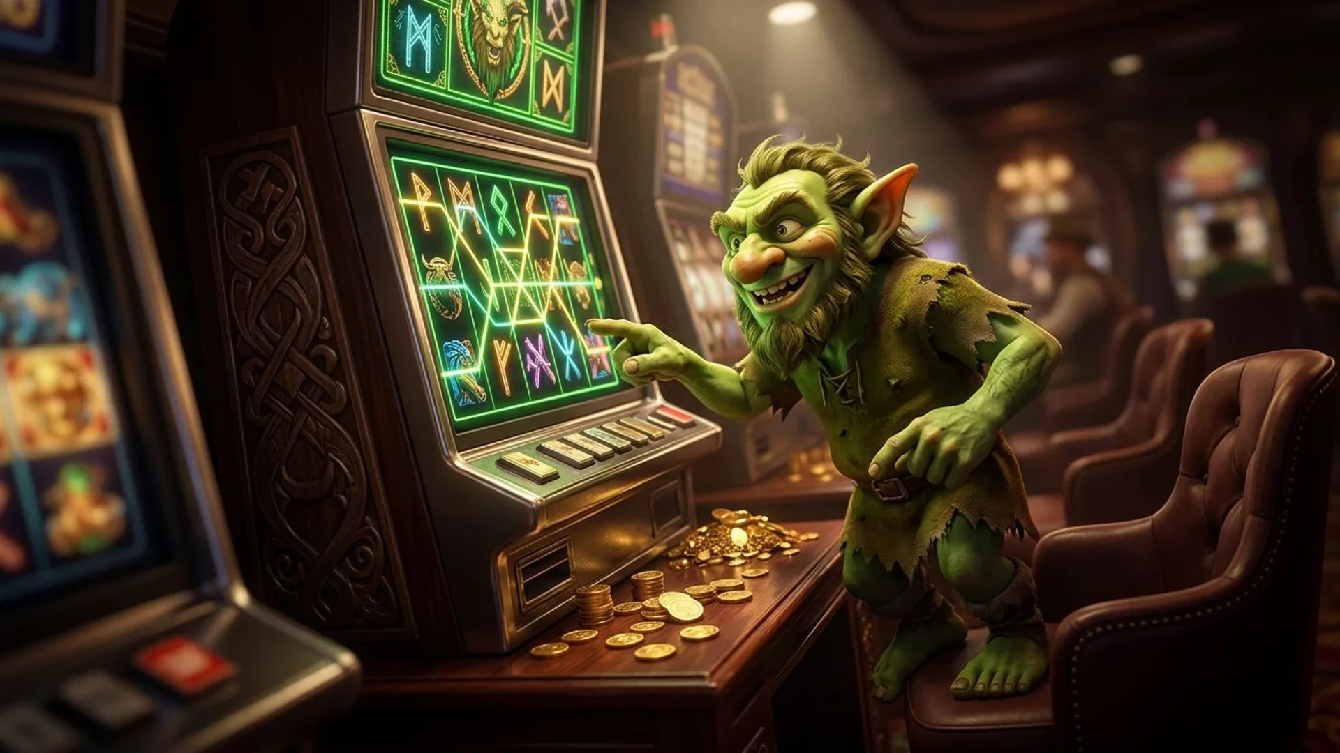 A green troll-like mascot interacts with a slot machine in a casino.