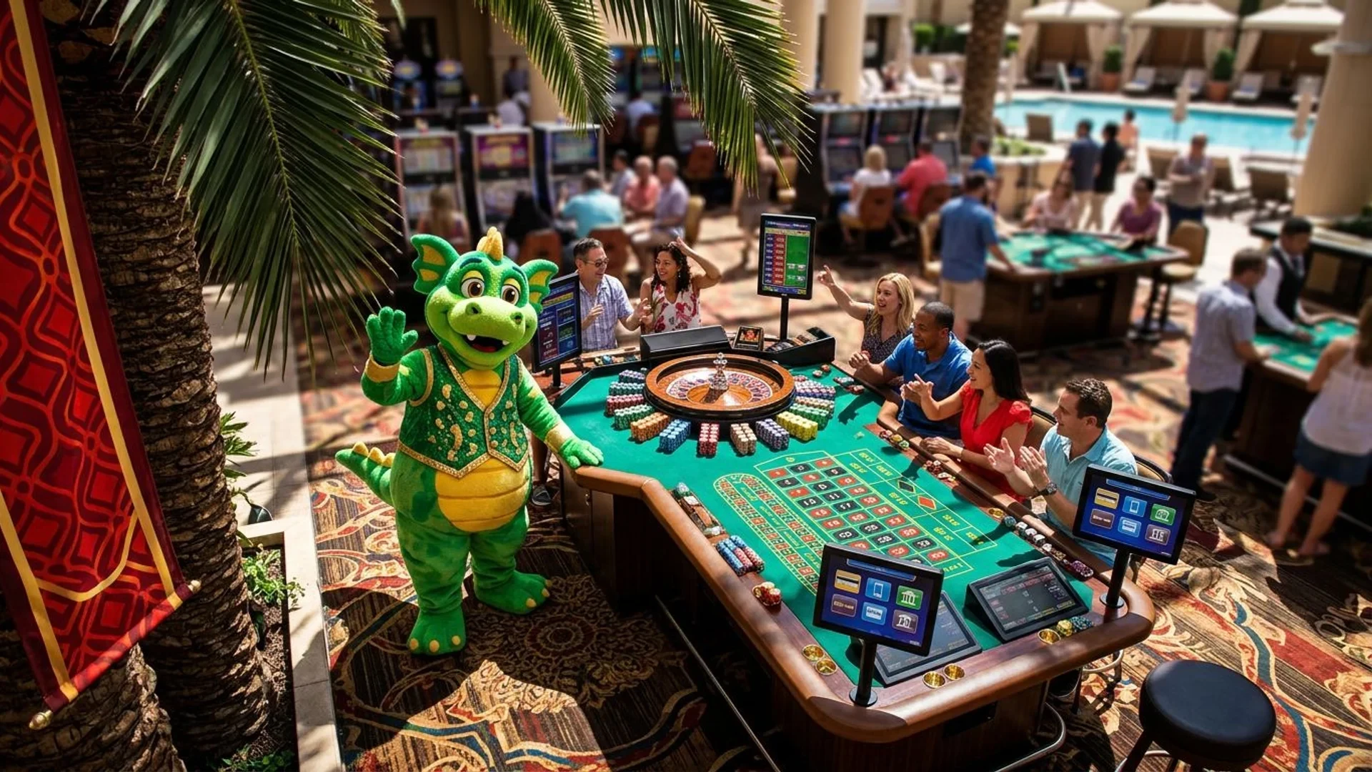 A colorful casino scene viewed from above, featuring a joyful mascot near a roulette table with vibrant game elements.