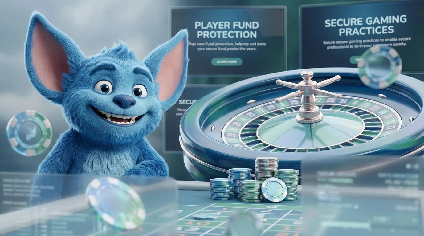 A close-up illustration of a blue mascot at a virtual roulette table in an online casino environment.