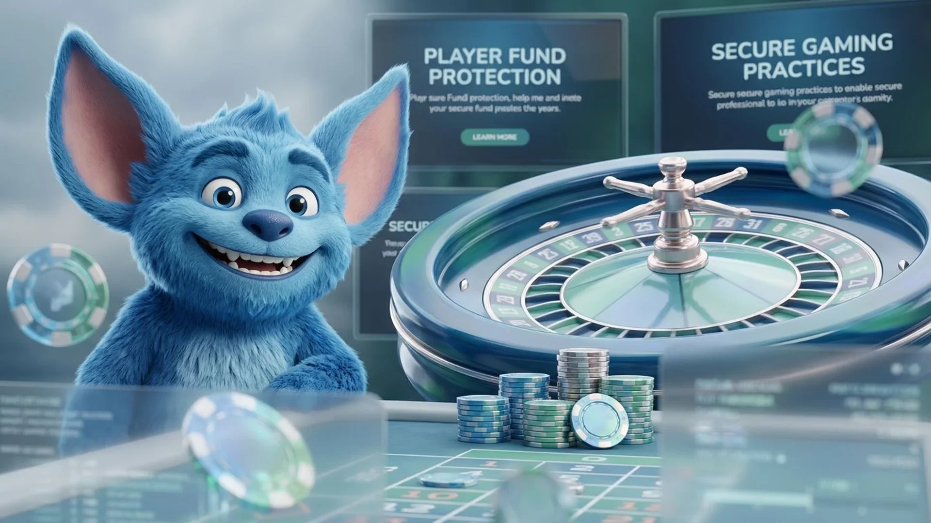 A close-up illustration of a blue mascot at a virtual roulette table in an online casino environment.