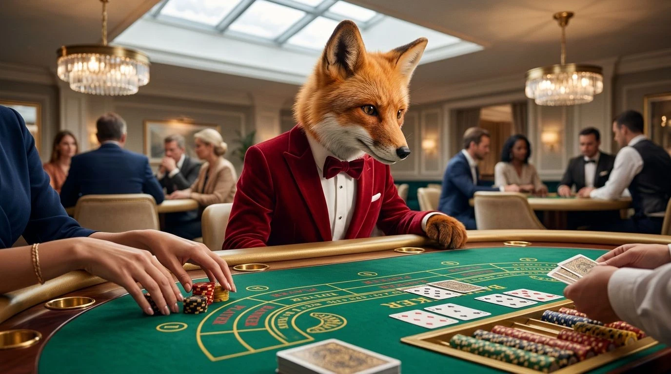 A charming mascot observing a Baccarat table with elegantly placed player hands.