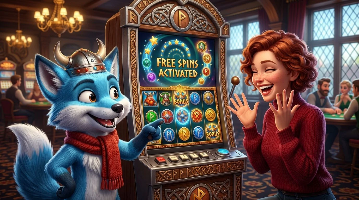 A colorful mascot engaging with a player at a slot machine in a casino.