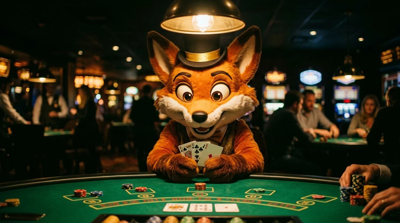 A cartoon fox mascot examining cards on a poker table in a dimly lit casino.