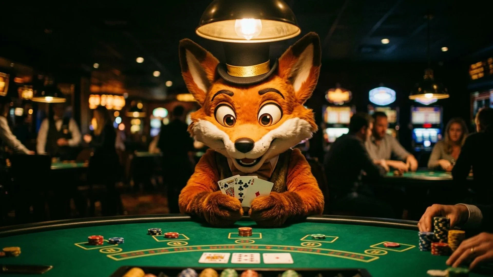 A cartoon fox mascot examining cards on a poker table in a dimly lit casino.