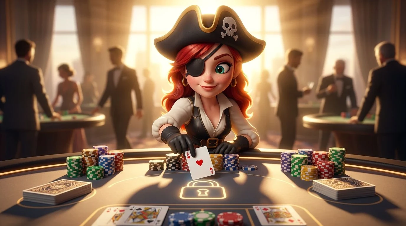 A NordicSpins mascot sits at a casino table with cards and chips, illuminated by golden-hour sunlight.