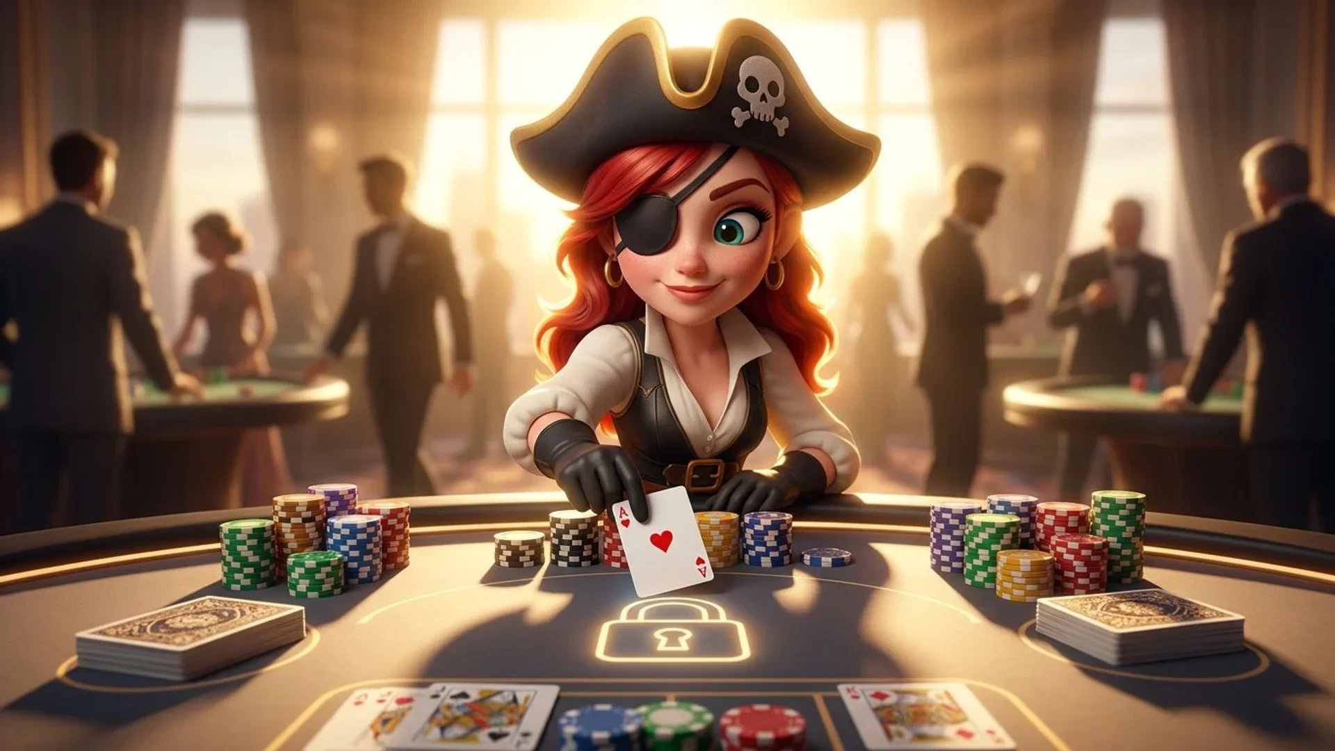A NordicSpins mascot sits at a casino table with cards and chips, illuminated by golden-hour sunlight.