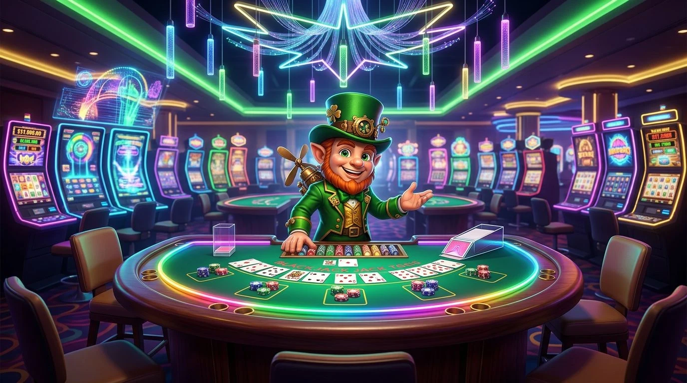 A whimsical mascot stands by a blackjack table in a neon-lit casino, demonstrating card dealing procedures.