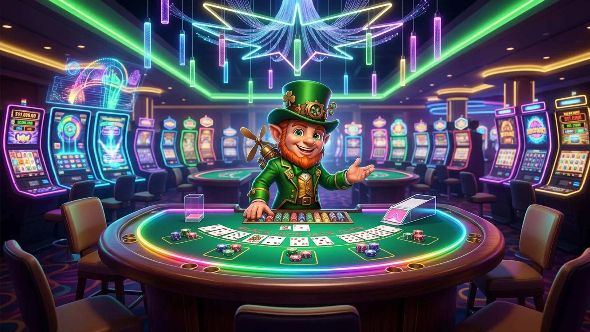A whimsical mascot stands by a blackjack table in a neon-lit casino, demonstrating card dealing procedures.